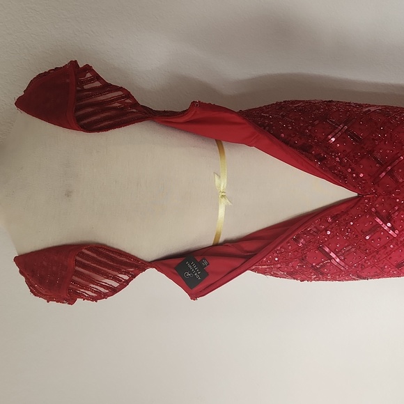 Beaded Adrianna Papell Cap Sleeve Square Neck Claret Red Dress Gown 6p - Picture 13 of 16